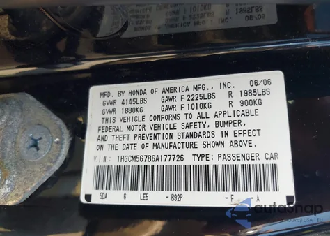 2006 Honda Accord 2.4 Ex z USA, uszkodzony, nr VIN 1HGCM56786A177726